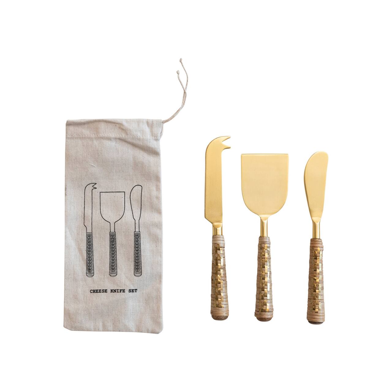 Hello Honey® Gold Stainless Steel Cheese Server Set with Rattan-Wrapped Mango Wood Handles
